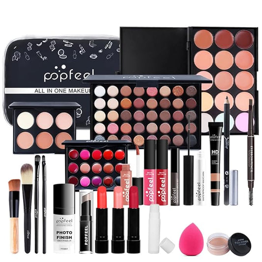 All In One Makeup Kit for Women Full Gift Surprise Makeup Set Includes Makeup Brush Set Eyeshadow Palette, Lip Gloss Set, Liquid Lipstick, Makeup Sponge, Foundation, Concealer, Eyebrow Pencil, Blush