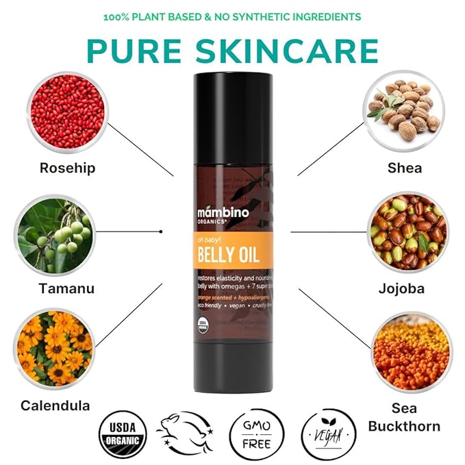 Mambino Organics Oh Baby! Belly Oil – Organic Elasticity Serum with Egyptian Calendula, Vietnamese Tamanu & Dutch Shea – Pregnancy Oil for Stretch Marks – Vegan Cruelty-Free Maternity Care, 4 fl oz