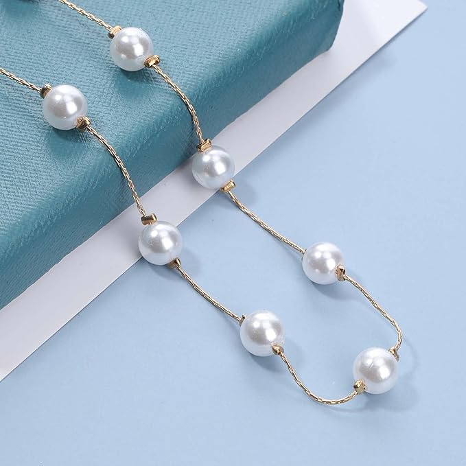 Boho Pearl Choker Necklace Floating Pearl Station Necklace Gold Tiny Pearl Beaded Necklace Chain Bridal Necklace Jewelry for Women and Girls Gifts