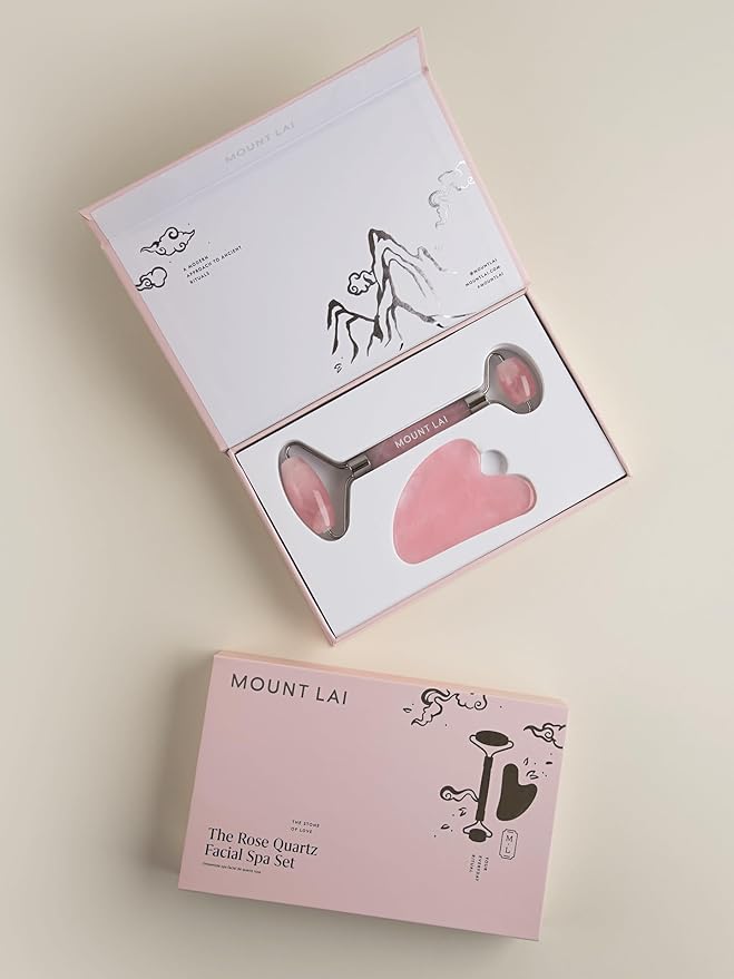 Mount Lai Rose Quartz Gua Sha Facial Tools, Pink Quartz Gua Sha Facial Tools Set and Roller, Guasha Tool for Face to Relieve Muscle Tension and Reduce Puffiness, Anti Aging Skin Care Sets for Women