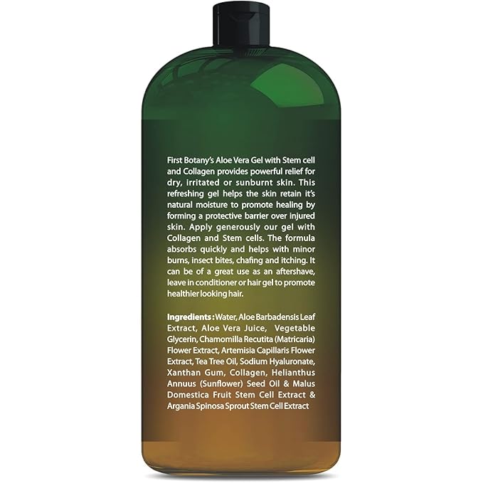 First Botany, Pure Aloe vera gel 100% Fresh Pure Aloe Infused with Stem Cells, Collagen Tea Tree Oil Natural Raw Moisturizer for Face Skin Body Hair Perfect for Sunburn, Acne, Razor Bumps 16.9 fl oz