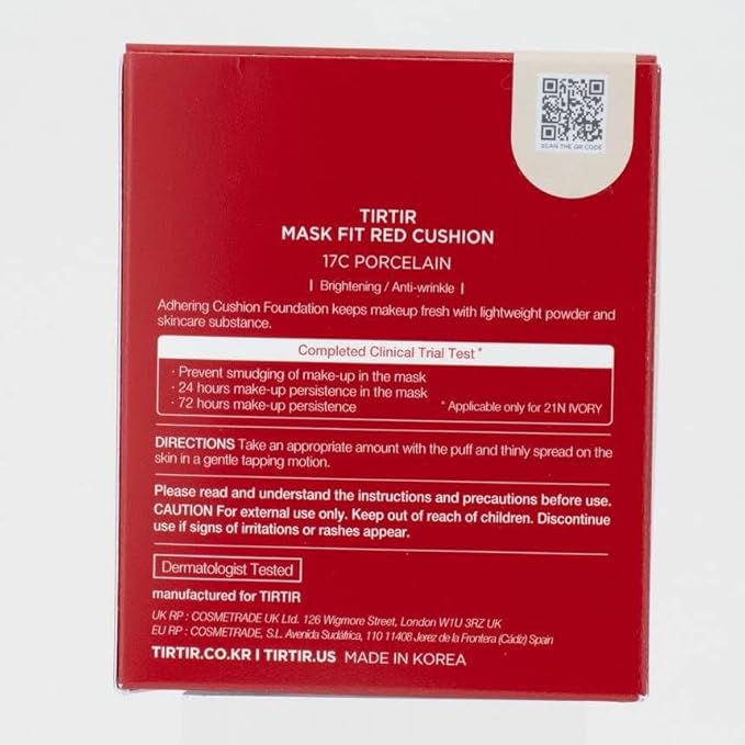 TIRTIR Mask Fit Red Cushion Foundation | Full coverage, Weightless, Skin fit, Satin Glow Finish, Korean Makeup, beauty, Tattoo cover up, Buildable (#17C Porcelain, 0.63 Fl Oz)