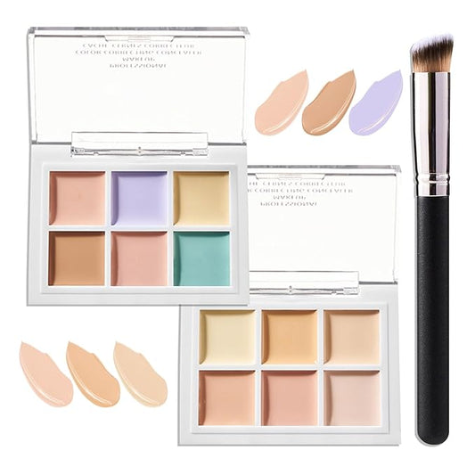 12 Colors Correcting Concealer Contour Makeup Palette, 6 in 1 Color Corrector Palette,Highlighting Concealer Palette Contouring Liquid Foundation Makeup Kit with Brush（2PCS）