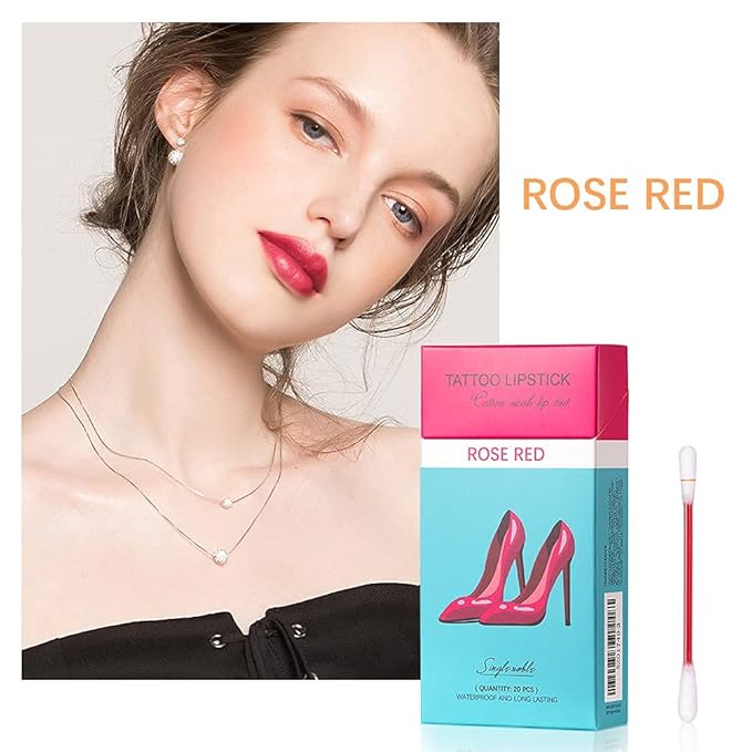 FLIPNEX 20Pcs Cotton Swab Tattoo Lipstick, Tattoo Lipstick Cotton Swab Lip Tint, Waterproof and Long Lasting Liquid Non-Stick Portable Lip Gloss (Rose)