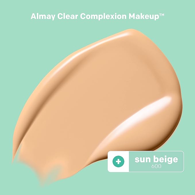 Almay Clear Complexion Acne Foundation Makeup with Salicylic Acid - Lightweight, Medium Coverage, Hypoallergenic, Fragrance-Free, for Sensitive Skin, 600 Sun Beige, 1 fl oz.