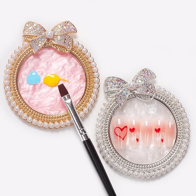 Bow Resin Nail Art Palette, Nail Polish Makeup Mixing Plate, Bow Shaped Pearl Inlaid with Diamonds Nail Display Board Palette (Pink)