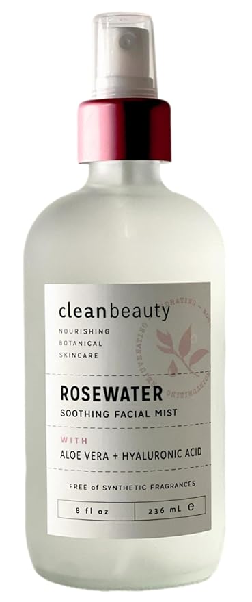 Clean Beauty Rosewater Soothing Facial Mist with Aloe Vera & Hyaluronic Acid - Hydrates, Refreshes & Plumps | Soothe Dry, Irritated Skin (8 Fl Oz)