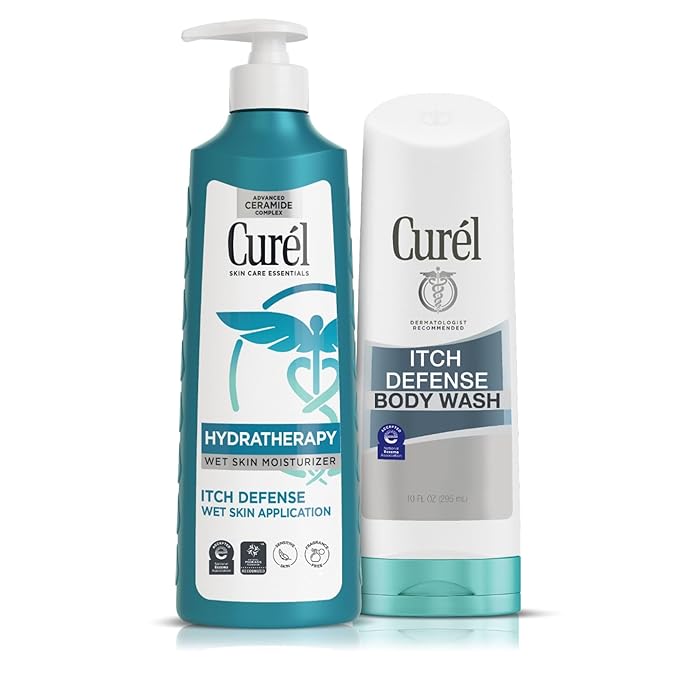 Curel Hydra Therapy Itch Defense Moisturizer and Body Wash Set, Wet Skin Lotion + Curel Itch Defense Calming Daily Cleanser, Body Wash, for Dry, Itchy Skin, 12 oz & 10 oz, Pack of 2