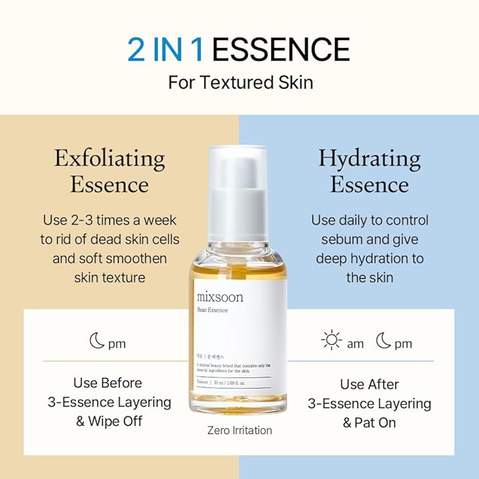 mixsoon Bean Essence, Vegansnail, Exfoliating Essence for face, Hydrating Korean Skin Care,Glassskin 1.69 fl.oz/50ml
