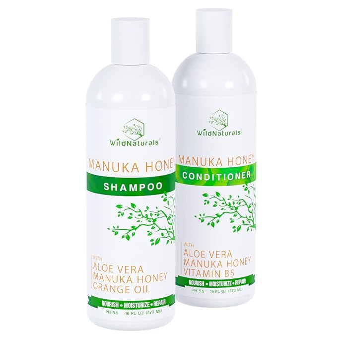 Manuka Honey Shampoo and Conditioner - Soothing Moisturizing Formula for Eczema, Psoriasis, Curly Hair, and Color-Safe - All Natural Set