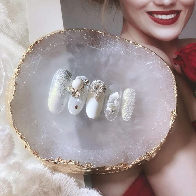 1pc White Golden Edge Resin Nail Art Palettes Nail Mixing Palette Polish Color Mixing Plate Nail Holder Display Cosmetic Mixing Tools Makeup Palette Tray Accessories (white)