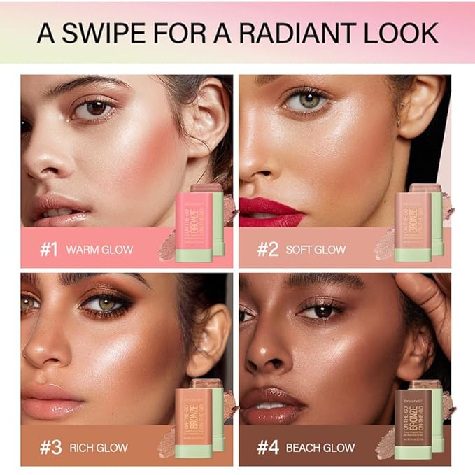 UNYOKE Soft Creamy Highlighter Blush Stick,Smooth Shimmer Bronzer Stick,Long Lasting Waterproof Blush Illuminator Luminizer,Blendable Natural Glow Makeup Cream Blush Highlight 0.6 Oz（03# Rich Glow）