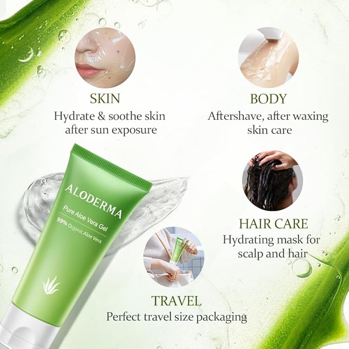 Aloderma 99% Organic Aloe Vera Gel Made within 12 Hours of Harvest, Easy Travel Size Tube for Body, Face, & Scalp, Cooling & Soothing Support for Skin & Sunburn, Hydrating Aloe Gel, 1.5oz - 6ct