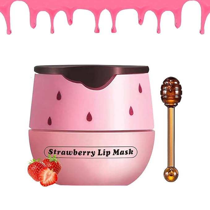 1 PCS Bee Lip Balm Honey Pot, Exfoliating Strawberry Bee Lip Balm Sleeping Lip Mask Overnight with Sticks, Honey Pot Lip Balm Prevention Dry Hydrating and Crack Lip Scrubs
