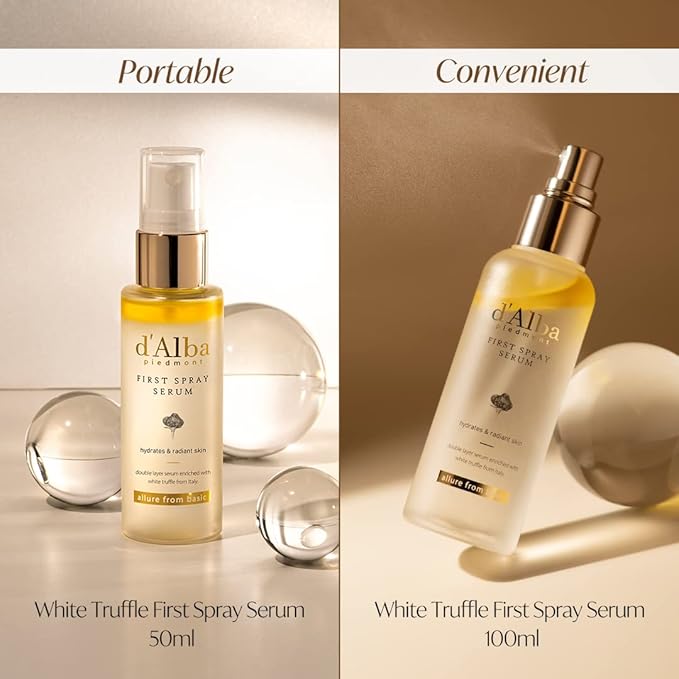 d'Alba Travel Essencial Gift Set, White Truffle First Spray Serum Full Size & Travel Size with Yellow Pouch, Korean Skin Care