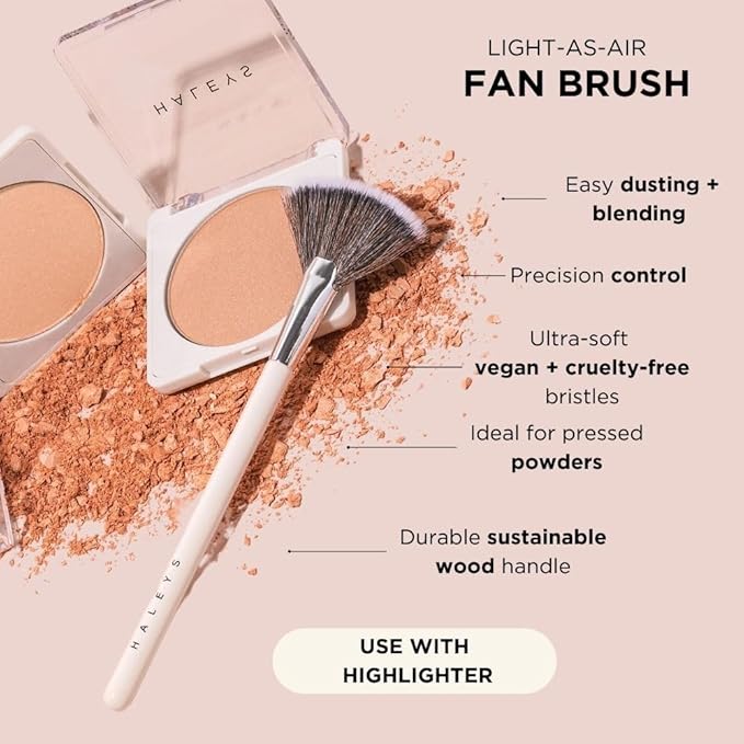 HALEYS Fan Brush VEGAN+CRUELTY-FREE, Sustainable Wood, Vegan Bristles for Airbrushed Finish, For highlighter application, Streak-free, Perfect Blending, Blurs, Smooths with Control