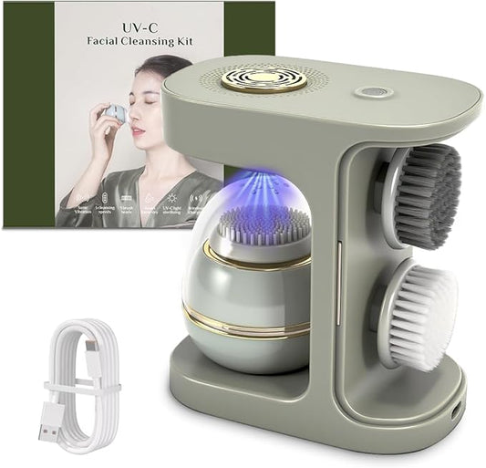KangGlow Electric Silicone Face Cleansing Brush with UV-C, Sonic Facial Massager with 3 Modes & 3 Brush Heads, Exfoliating & Deep Pore Cleaning, Auto-Drying, Wireless Charging Ket