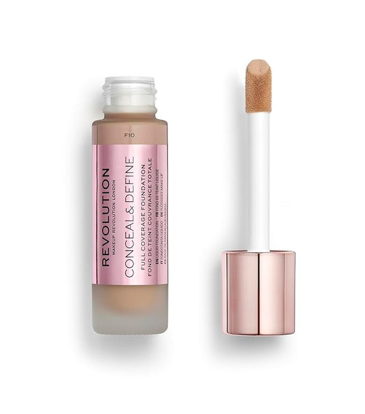 Revolution Beauty, Conceal & Define Foundation, Full Coverage, Long-Lasting Matte Finish, Vegan & Cruelty Free, F10 Medium Skin Tones, 0.8 Fl.Oz.