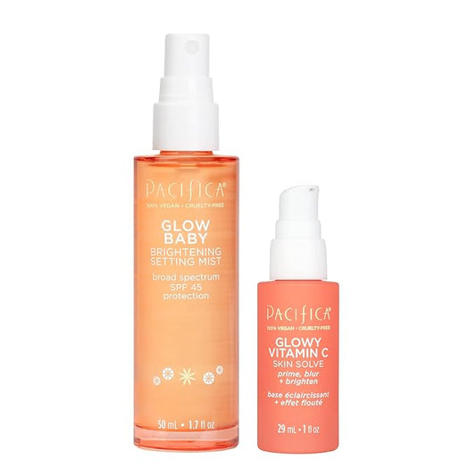 Pacifica Beauty Glow Baby Brightening Setting Mist & Glowy Vitamin C Skin Solve Set, Skincare, Suncare, SPF 45, UVA/UVB, Blue Light Protection, Primer, Vegan, 1.7 fl oz and 1 fl oz (Set of 2)