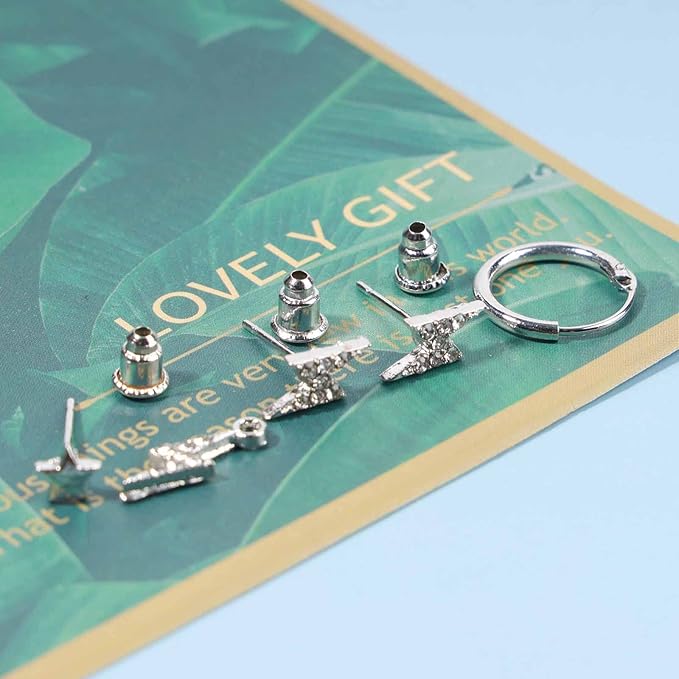 Bohemia Crystal Thunder Hoop Earrings Cz Lighting Bolt Studs Earrings Silver Lighting Drop Earrings Multiple Piecing Dot Earrings for Women and Girls