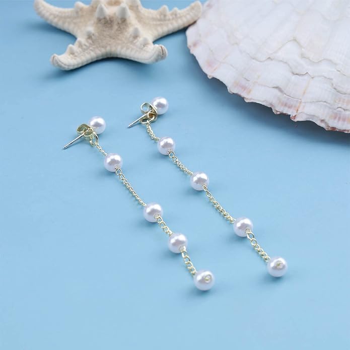 Boho Pearl Drop Earrings Long Pearl Tassel Earrings Gold Pearl Chain Earrings Vintage Pearl Stud Earrings Jewelry for Women