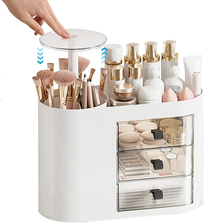 DASITON Makeup Organizer with 3 Drawers,Automatic Lifting Makeup Brush Holder with Lid,Large Capacity Makeup Organizers for Vanity,Bathroom Countertop,Ideal Storage Skin Care,Brushes,Lipstick (White)