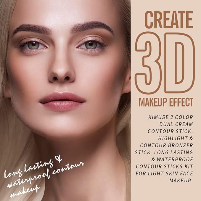 KIMUSE 2Color Dual Cream Contour Stick, Multi Blush & Contour Bronzer Stick, Long Lasting & Waterproof Contour Sticks Kit for Light Skin Face Makeup