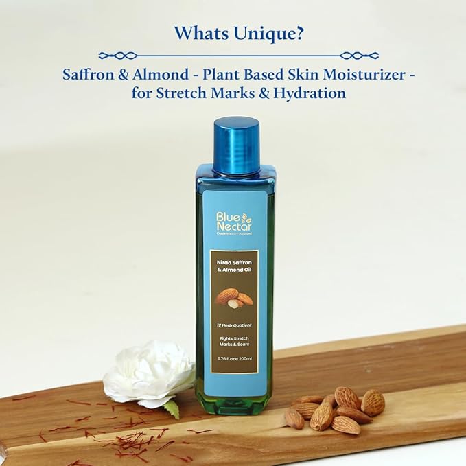 Blue Nectar Saffron & Almond Oil, Ayurveda Product for Crepey Skin | Skin Firming Body Oil for Stretch Marks (12 Herbs, 3.38 Fl Oz)