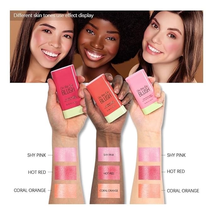 On-the-Go Makeup Blush Stick Tinted Moisture Stick, Shadow Lips Cheek Blusher Creamy Makeup Long Lasting Natural Nude Makeup for All Skin (3PC)