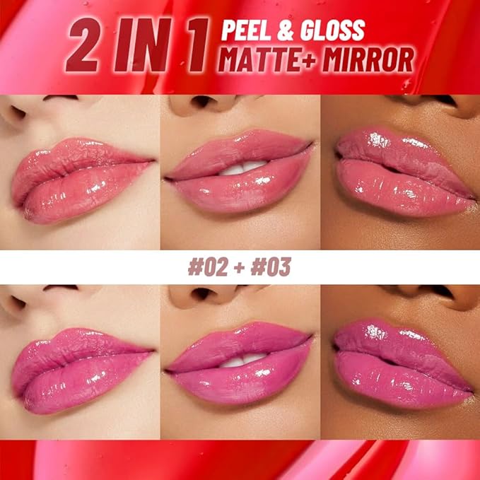 2Pcs Lip Stain Peel Off Lip Gloss oil Dual-Ended Combo, Lips Liner Stain Peel Off Masque, Long Lasting & Waterproof, Transfer-Proof Lip Tint Stain with Lip oil for All Skin Type 02#+03#