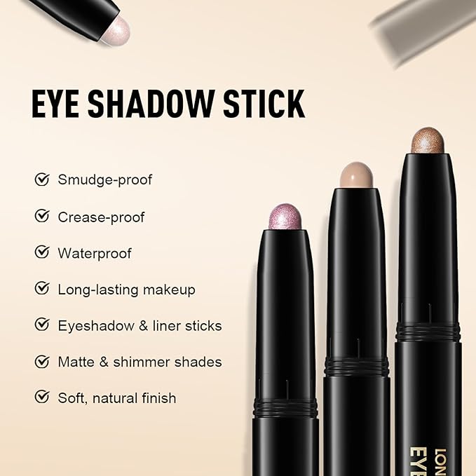 Cocoa Brown Shimmer Eyeshadow Stick, Waterproof Cream Eye Shadow Pencil Long-Lasting Crease-Proof Glitter Eyeshadow Crayon Smooth High Pigmented Highlighter Neutral Eye Shadow Liner Makeup