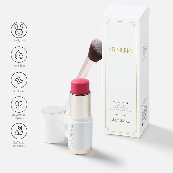 Blush Stick, Cream Blush for Cheeks and Lip Tint, Dewy Finish, Buildable & Blendable Color, Lightweight & Long-Lasting Formula | Forelsket-Cool Pink & Angled Blush Brush（0.53fl.oz）