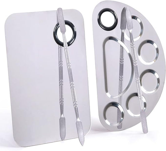 Makeup Palette, Makeup Mixing Palette, Stainless Steel Metal Foundation Palette with Spatula Artist Tool for Mixing Foundation Nail-Art, Cosmetic Mixing Makeup Palette, Makeup Plate, 6×4"/Silver/2pcs