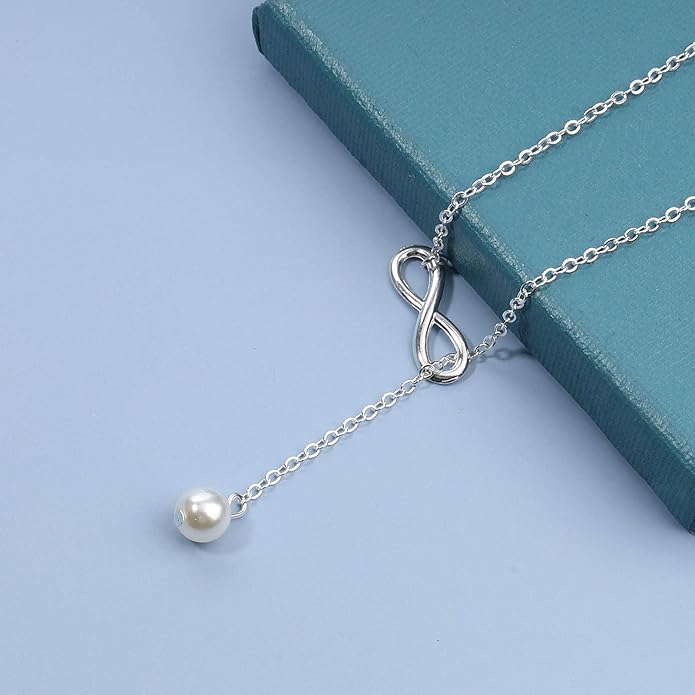 Boho Pearl Infinity Necklace Silver Y Pearl Necklace Minimalist Chain Y Lariat Necklace Chain Jewelry for Women and Girls