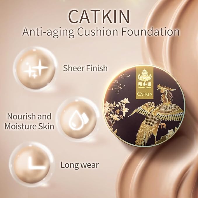 Catkin Phoenix Cushion Foundation Buildable Coverage Anti-Aging Serum Makeup, Sheer Satin Finish, Refill Included, Light Beige 0.46 Oz x 2, C02 IVORY