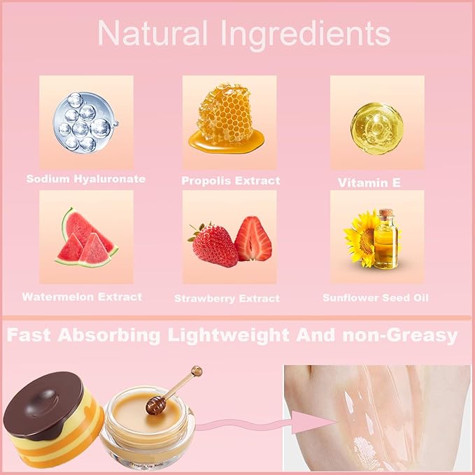 2 PCS Bee Lip Balm Honey Pot, Honey Watermelon Bee Lip Balm Sleeping Lip Mask Overnight with Sticks, Honey Pot Lip Balm Hydrating Exfoliating Prevention Dry and Crack Lip Scrubs