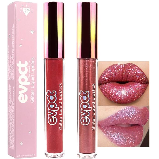 evpct 2Pcs Wine Red Plum Red Matte to Glitter Liquid Lipstick Set Kit for Women Long Lasting Glossy Metallic Shimmer Sparkle Lipstick Lip Gloss 6+15