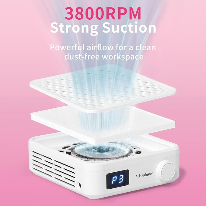 Missshine Nail Dust Collector with Adjustable Suction Power，Mini Vacuum Nail fan Dust Collector With Reusable Filter for Girls