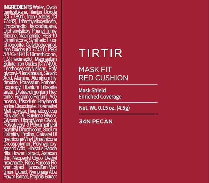 TIRTIR Mask Fit Red Cushion Foundation | Full coverage, Weightless, Skin fit, Satin Glow Finish, Korean Makeup, beauty, Tattoo cover up, Buildable (#34N Pecan, 0.63 Fl Oz)