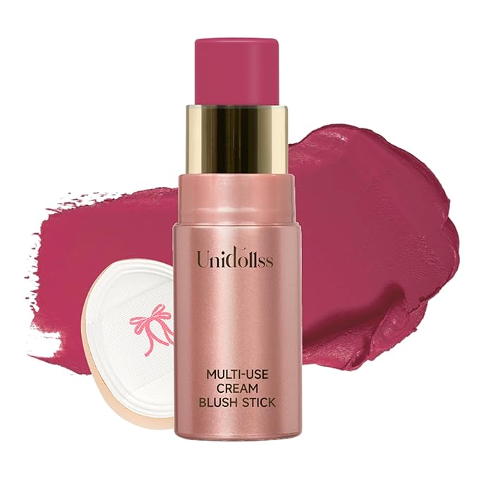 Multi-Use Makeup Cream Blush Stick, Unidollss 3-in-1 Buildable Blush Stick for Cheeks, Eyes, and Lips, Hydrating formula, All day wear, Easy Application with Thumb Puff Included (04 FLIRT)