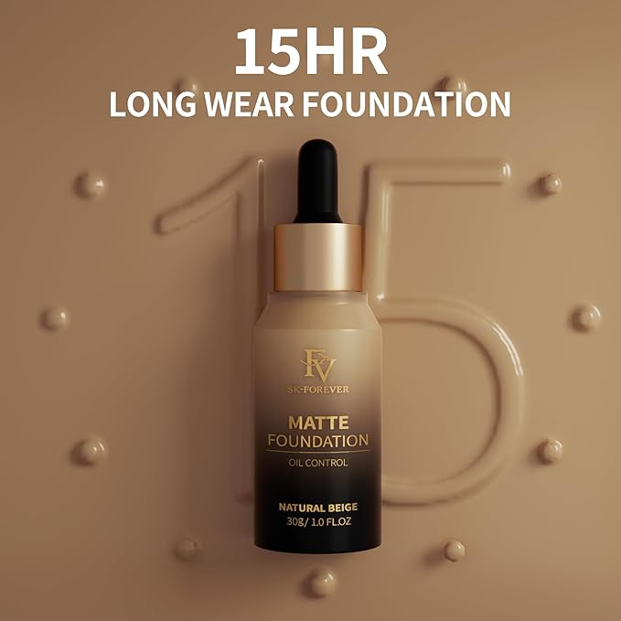 FV Full Coverage Liquid Foundation Makeup, Long Lasting Matte Foundation with Flawless Finish, Concealing & Minimizing Pores, Oil Control Waterproof for Oily Combination Skin, 1 Fl. Oz (Natural Beige)