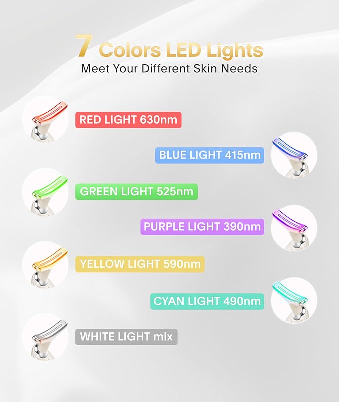 Red Light Therapy for Face and Neck, 7 Color Beauty Face Massager Tool, Vibrating Facial Massager with Thermals for Wrinkles, Double Chin, Glossy White