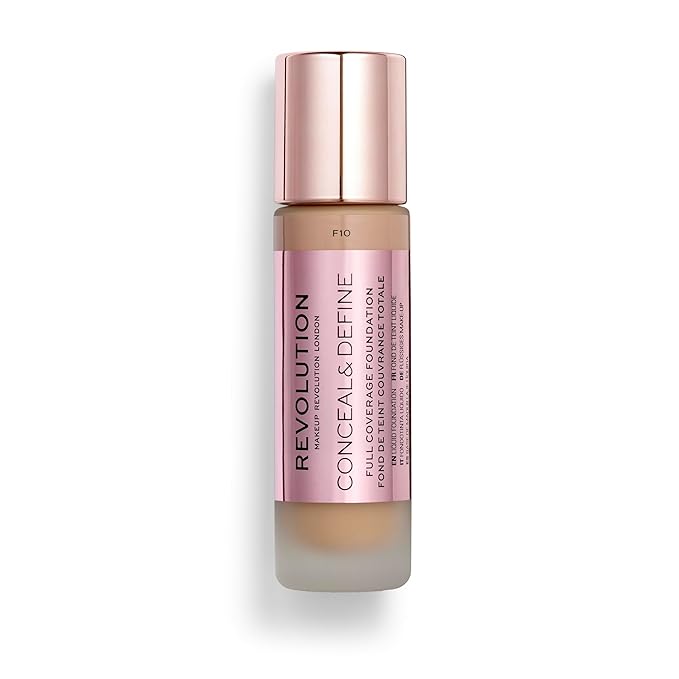 Revolution Beauty, Conceal & Define Foundation, Full Coverage, Long-Lasting Matte Finish, Vegan & Cruelty Free, F10 Medium Skin Tones, 0.8 Fl.Oz.