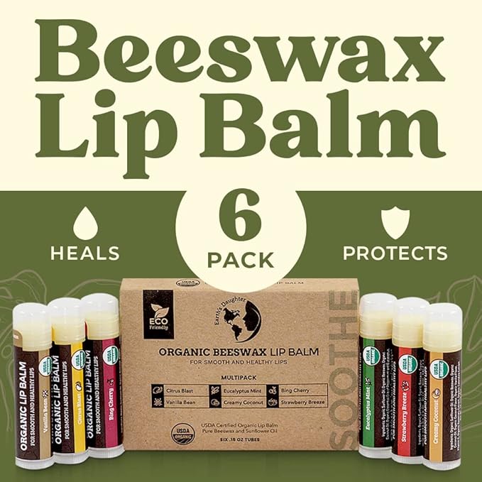 USDA Organic Lip Balm 6-Pack by Earth's Daughter - Fruit Flavors, Beeswax, Coconut Oil, Vitamin E - Best Lip Repair Chapstick for Dry Cracked Lips - Moisturizing Lip Care