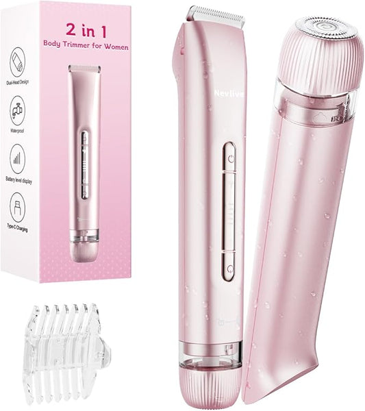 Bikini Trimmer for Women, 2-in-1 Electric Lady Shaver for Bikini Line & Sensitive Areas – IPX7 Waterproof Wet & Dry Razor for Underarms, Legs, Arms, Body & Face, USB-C Rechargeable, Pink
