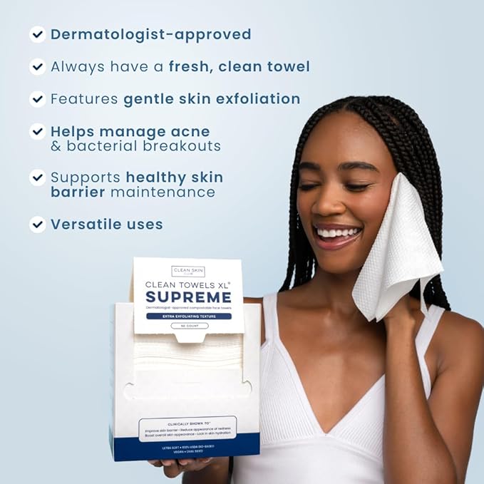 Clean Skin Club Clean Towels XL™ Supreme, 100% USDA Biobased Dermatologist Approved Face Towel, Gentle Exfoliation, Disposable Facial Washcloth, Makeup Remover Dry Wipes, 50 Count