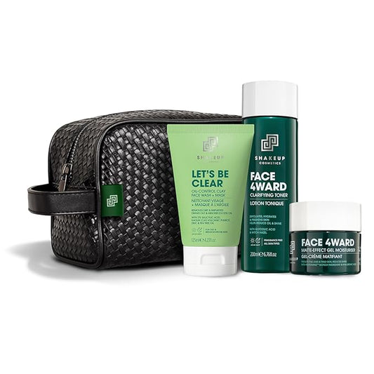 Shakeup - 4-Piece Mens Oil Control Skincare Gift Set, Oily & Acne Skin, Clay Face Wash, Clarifying Toner, Matte-Effect Moisturiser, Plus Wash Bag