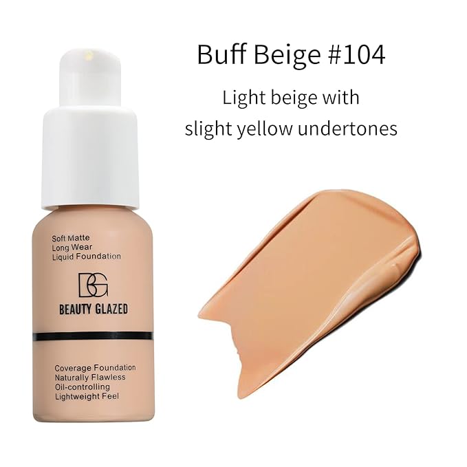Beauty Glazed Soft Matte Silky Full Coverage Liquid Foundation, Multi-Use Buildable Foundation Lightweight Feel Oil Control Longwear Naturally Flawless Coverage Foundation (104 Buff Beige)
