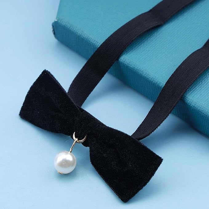 Vintage Satin Choker Necklace Pearl Pendant Necklace Black Bow Necklace Punk Leather Collar Necklace Chain Jewelry for Women and Girls