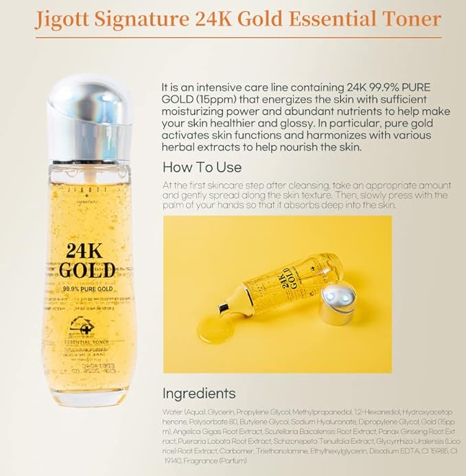 Signature 24K Gold Essential Skin Care 3 Set - Toner (150ml), Emulsion (150ml), Cream (50ml) - Korean Skincare for Healthy and Glowing Skin